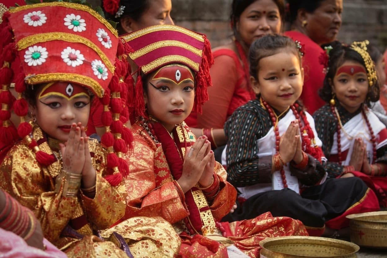 Girls in ceremonial dress with hands folded in namaste