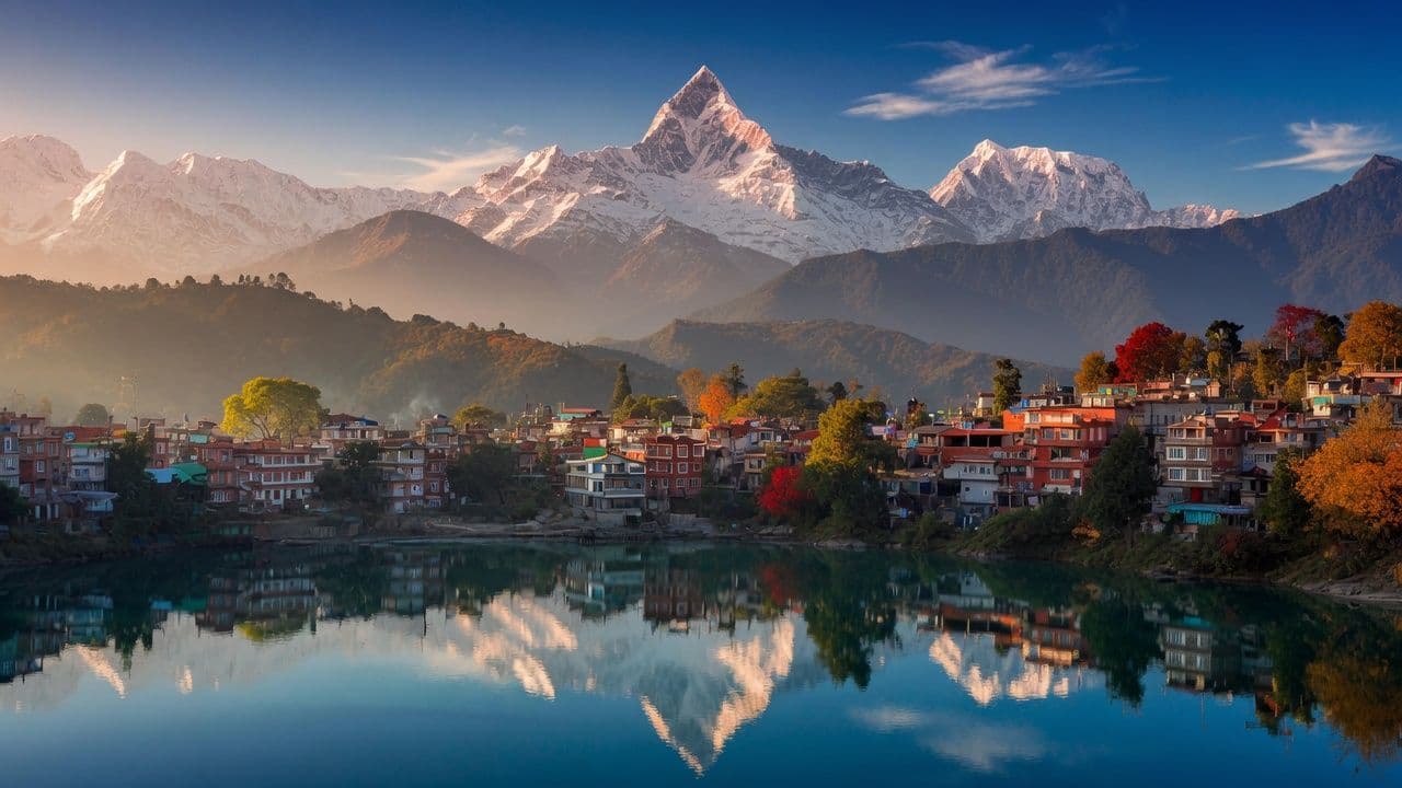Machapuchare and the Annapurna range above Phewa lake, Pokhara