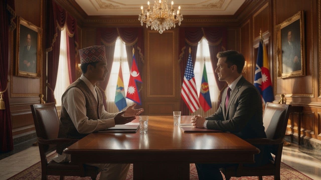 A formal meeting between Nepali and American counterparts at a wooden table, both flags present